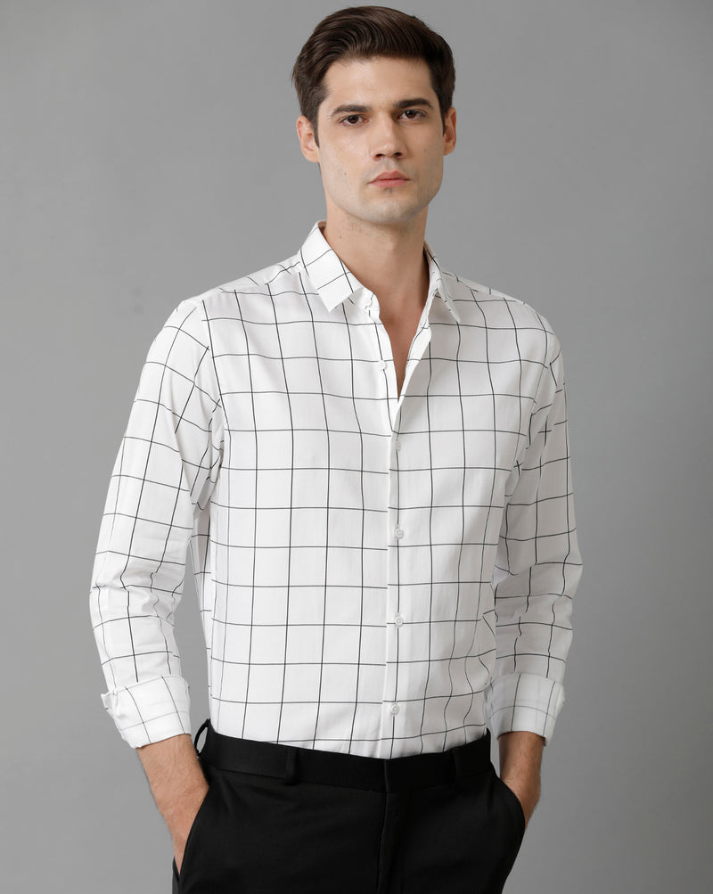 Men's White Checks Cotton Stretch Shirt