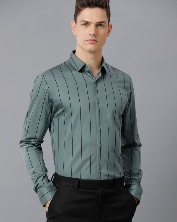 Men's Green Stripped Cotton Stretch Shirt