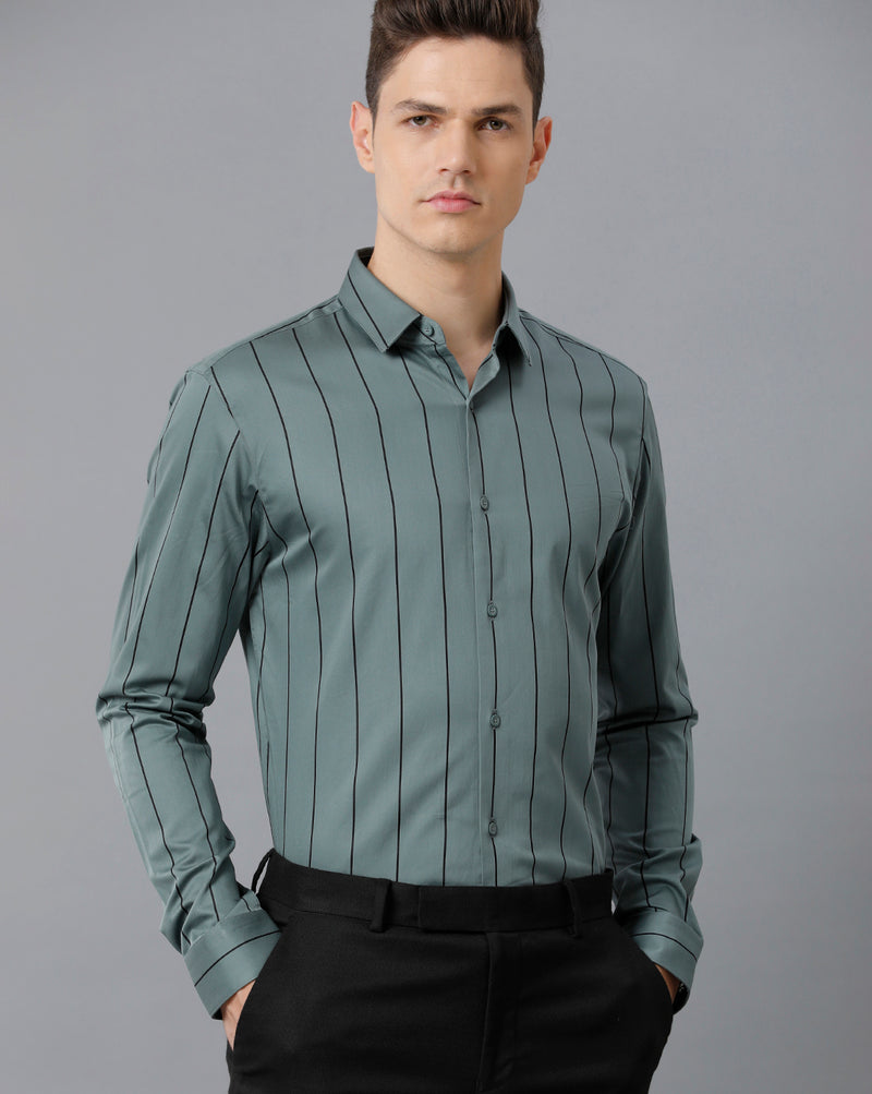 Men's Green Stripped Cotton Stretch Shirt
