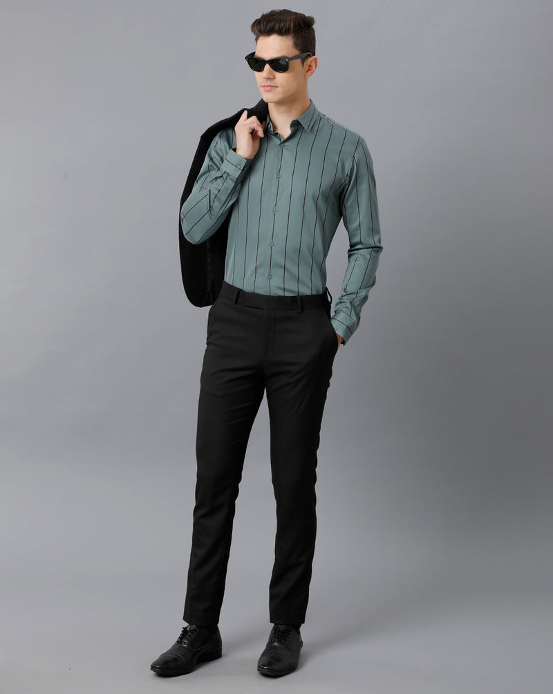 Men's Green Stripped Cotton Stretch Shirt