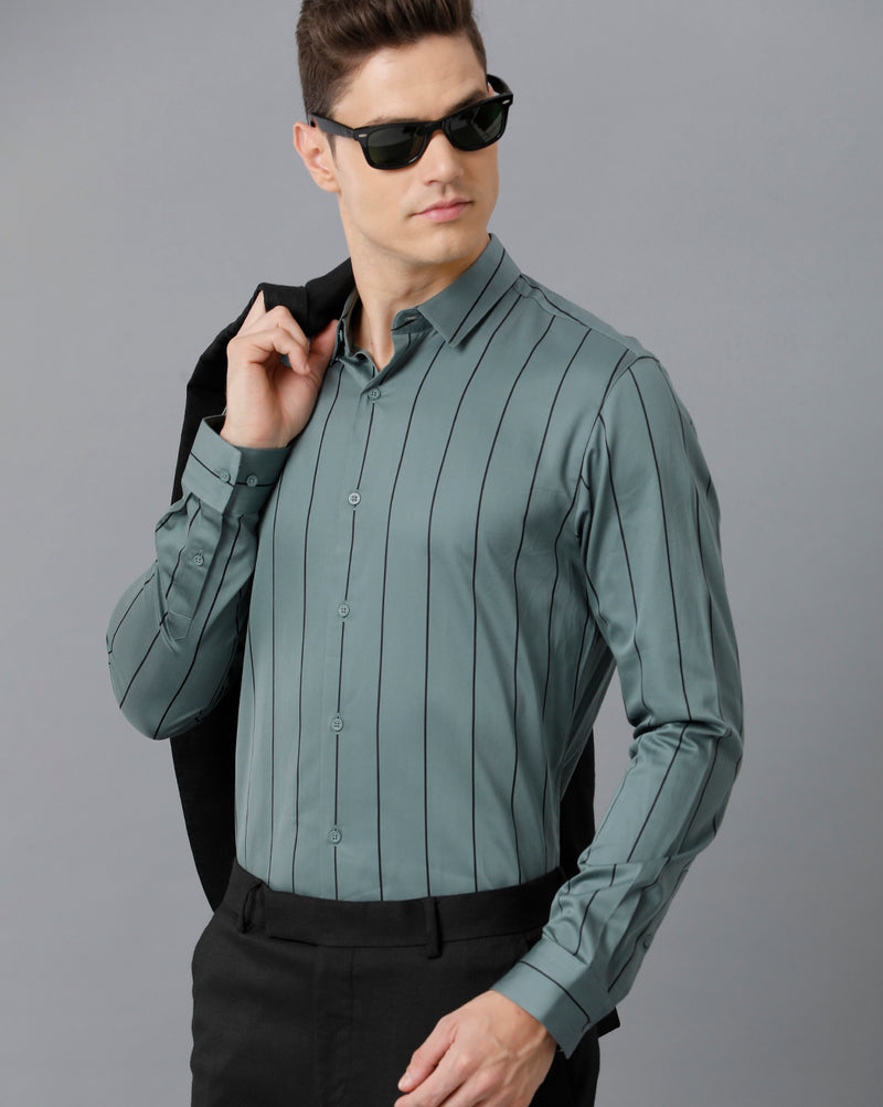 Men's Green Stripped Cotton Stretch Shirt