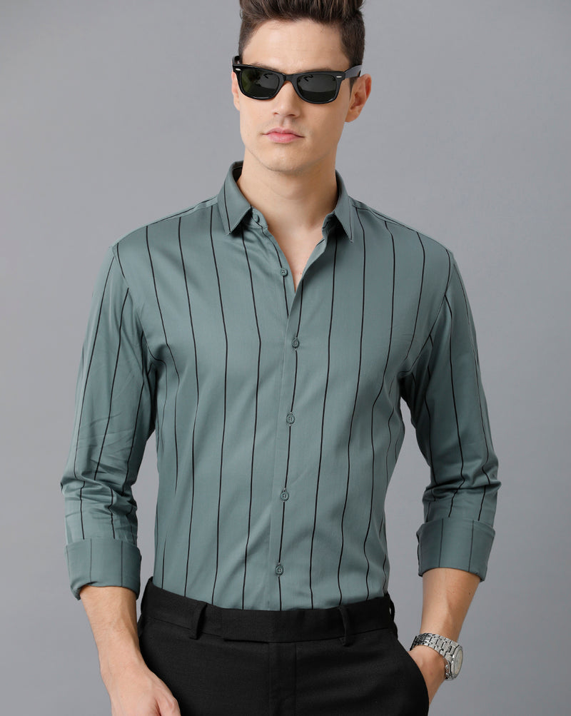 Men's Green Stripped Cotton Stretch Shirt