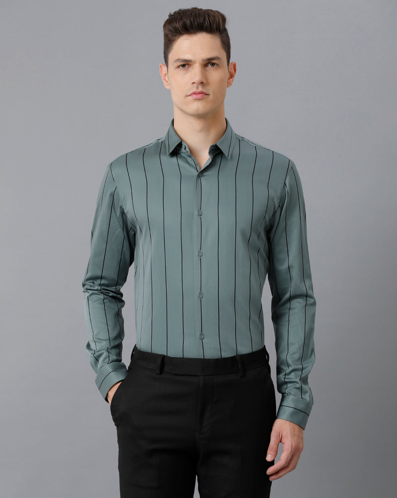 Men's Green Stripped Cotton Stretch Shirt