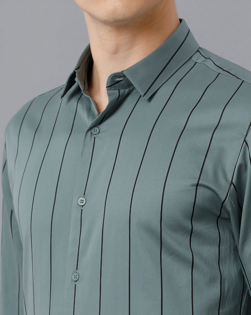 Men's Green Stripped Cotton Stretch Shirt