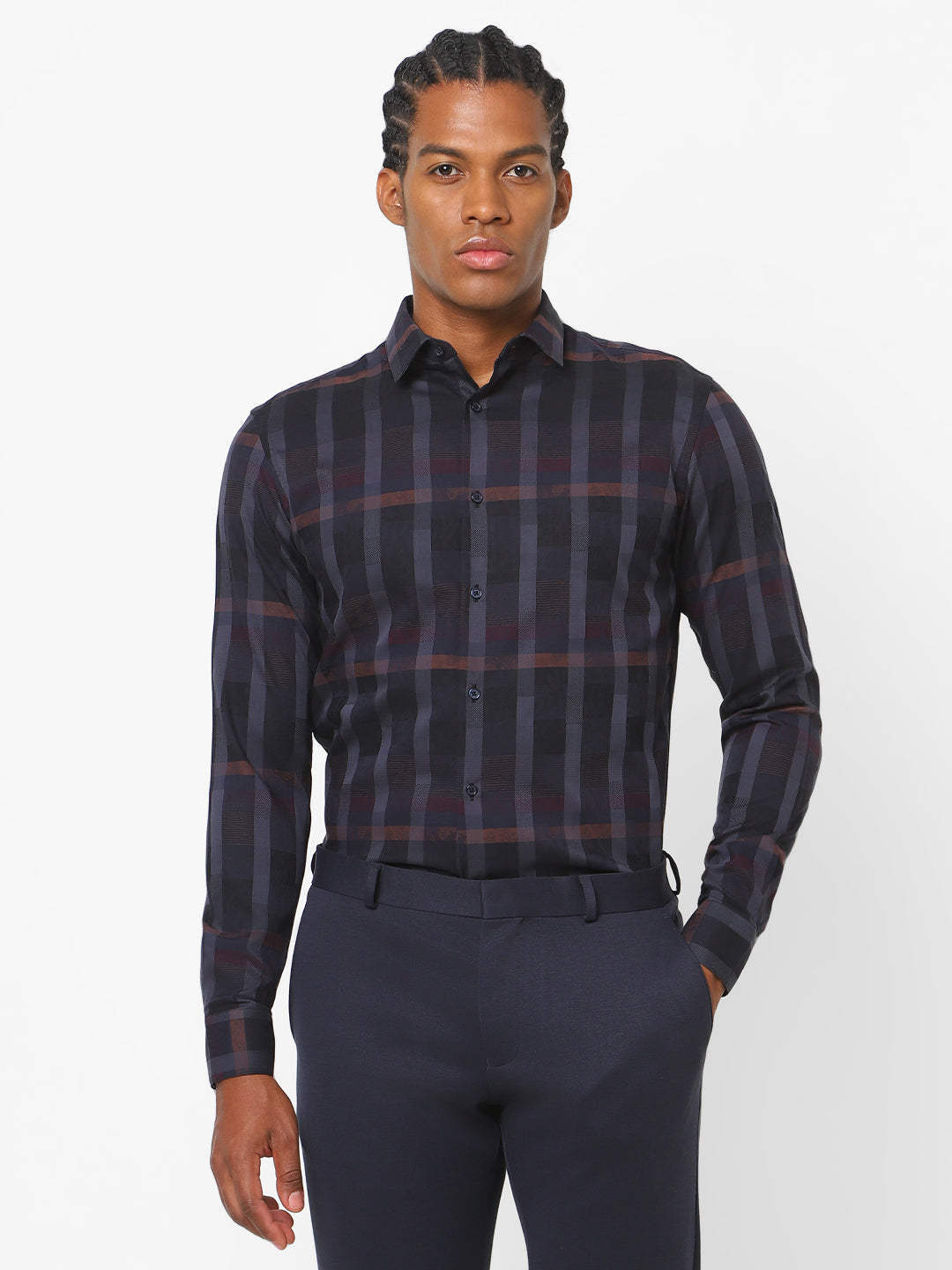 Men's Navy Blue Stretch Print Checkered Shirt