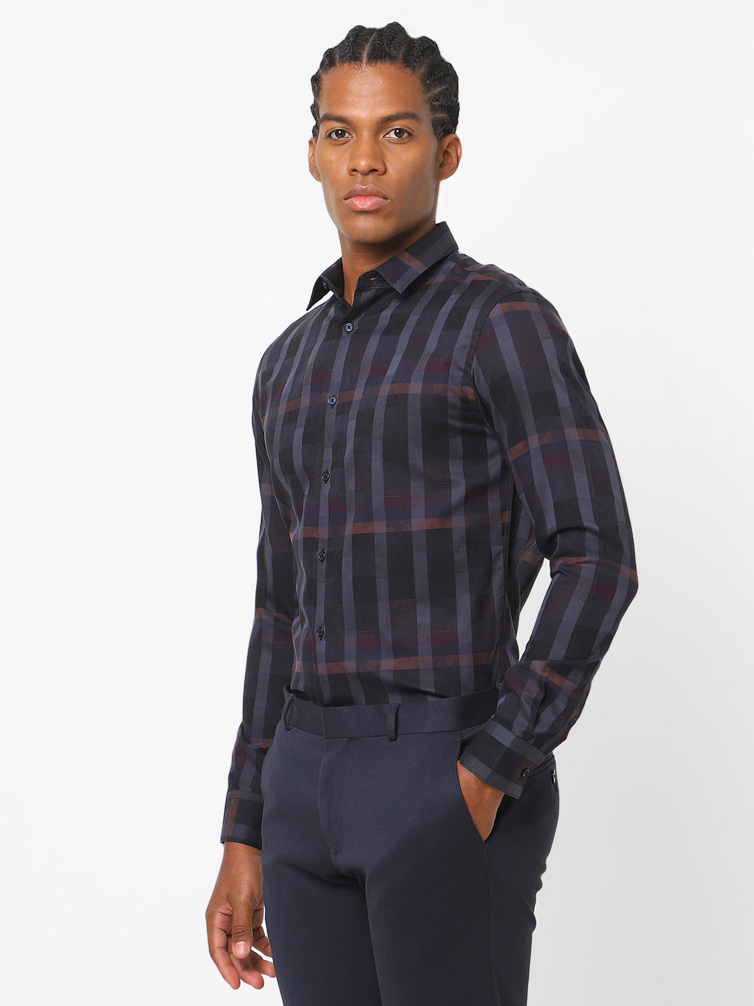 Men's Navy Blue Stretch Print Checkered Shirt