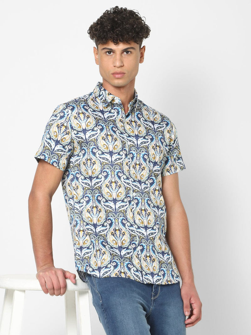 Men's Blue Printed Short Sleeve Shirt