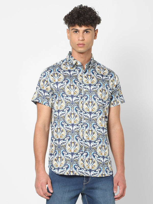 Men's Blue Printed Short Sleeve Shirt