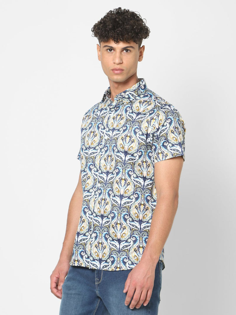 Men's Blue Printed Short Sleeve Shirt
