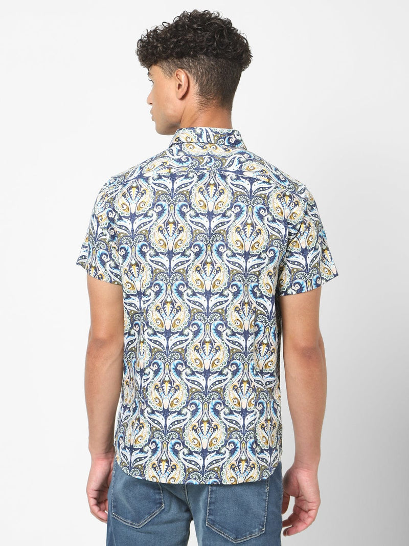 Men's Blue Printed Short Sleeve Shirt