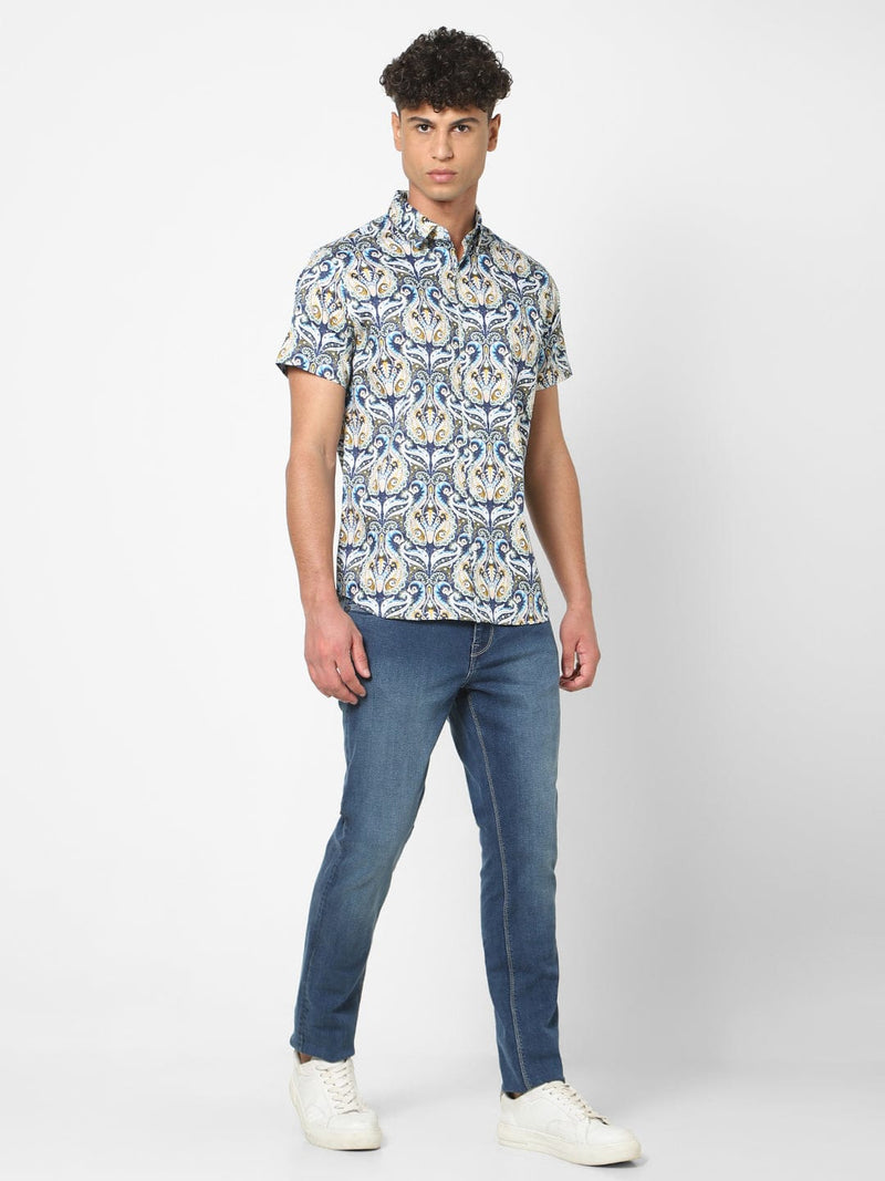 Men's Blue Printed Short Sleeve Shirt