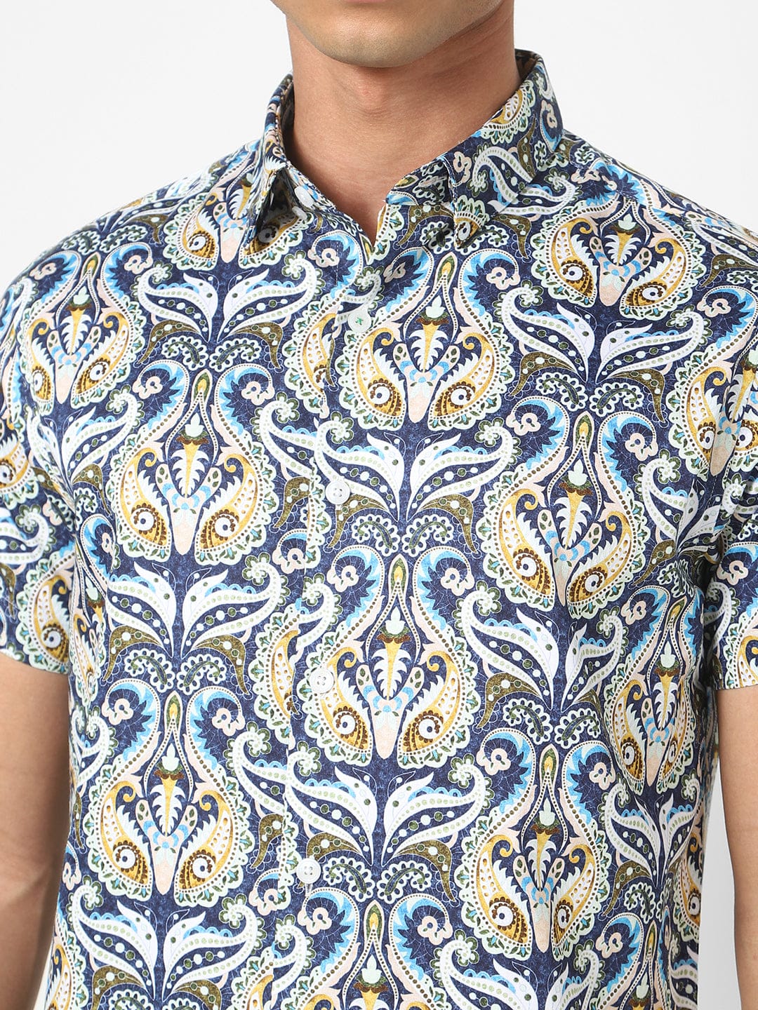 Men's Blue Printed Short Sleeve Shirt