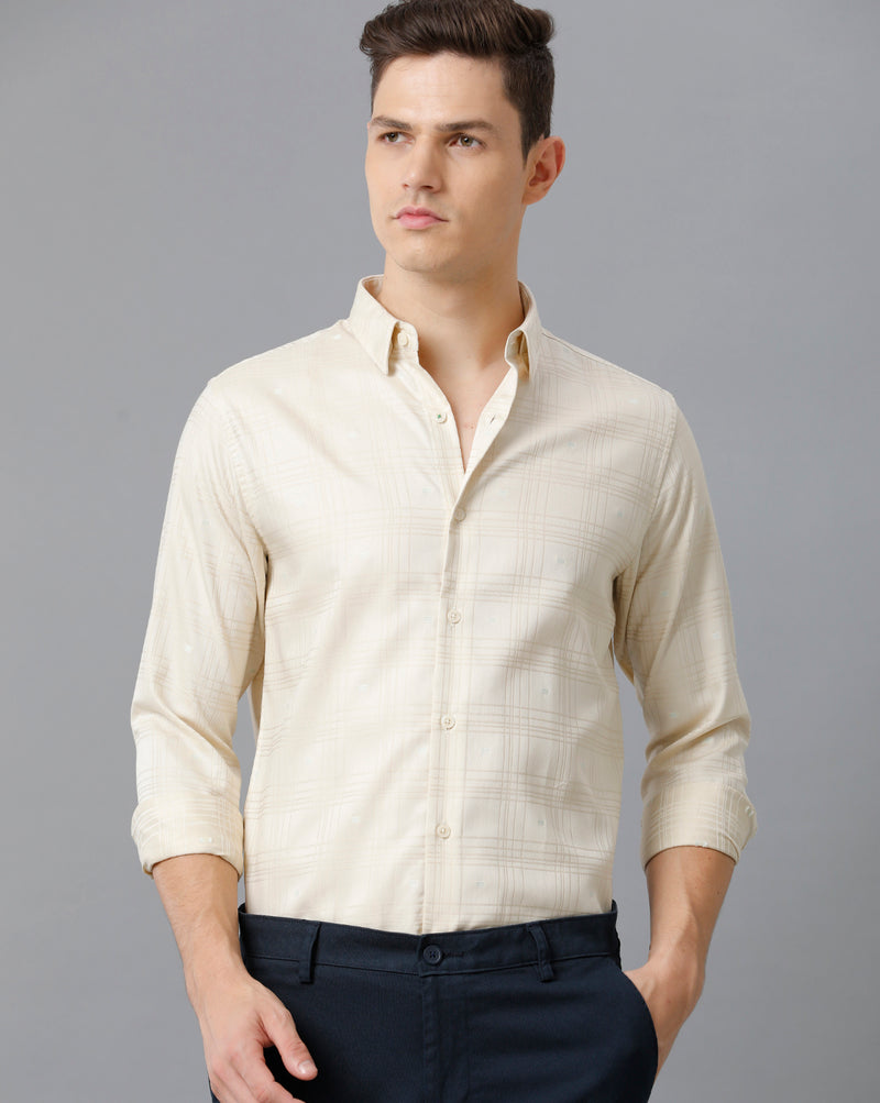 Men's Cream Checkered Cotton Stretch Shirt