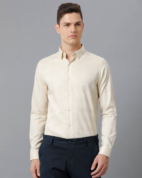 Men's Cream Checkered Cotton Stretch Shirt