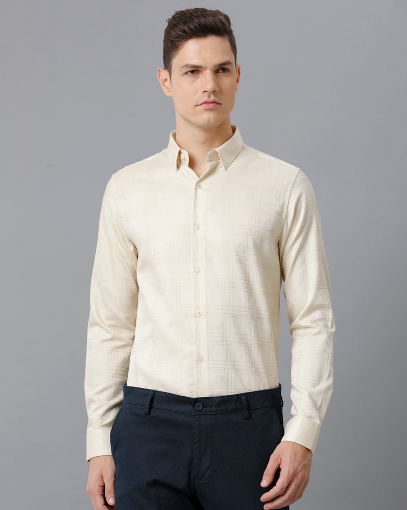 Men's Cream Checkered Cotton Stretch Shirt