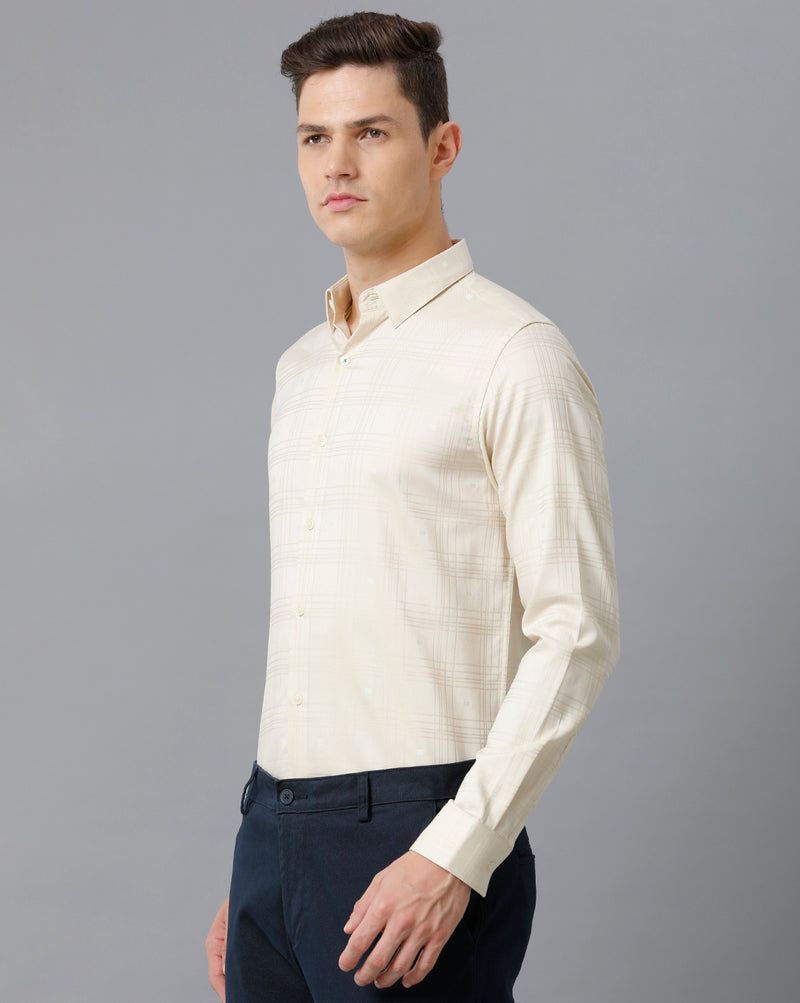 Men's Cream Checkered Cotton Stretch Shirt