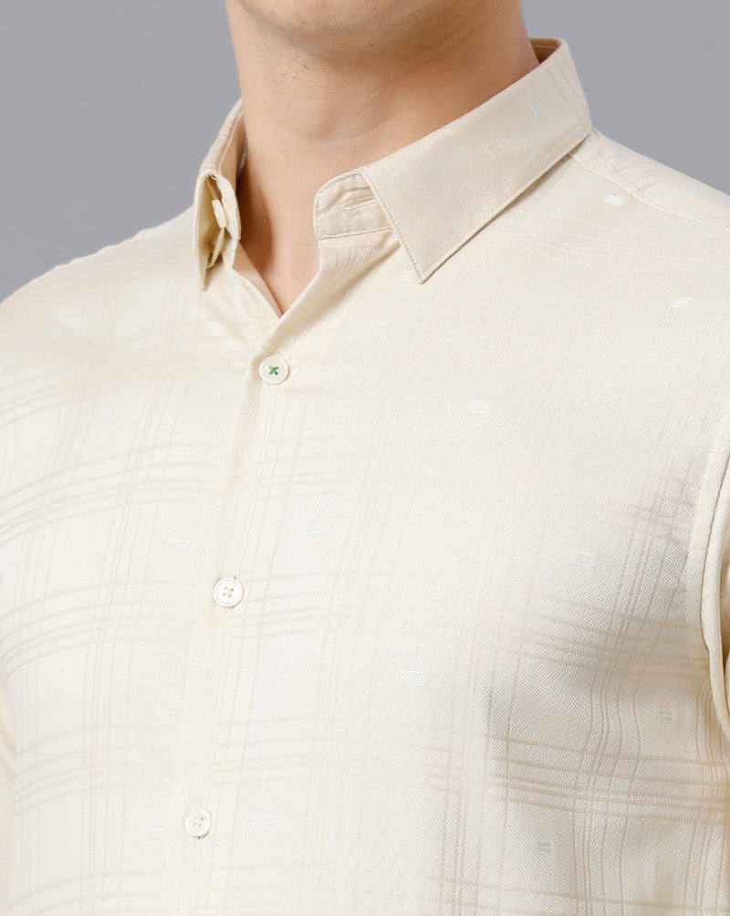 Men's Cream Checkered Cotton Stretch Shirt