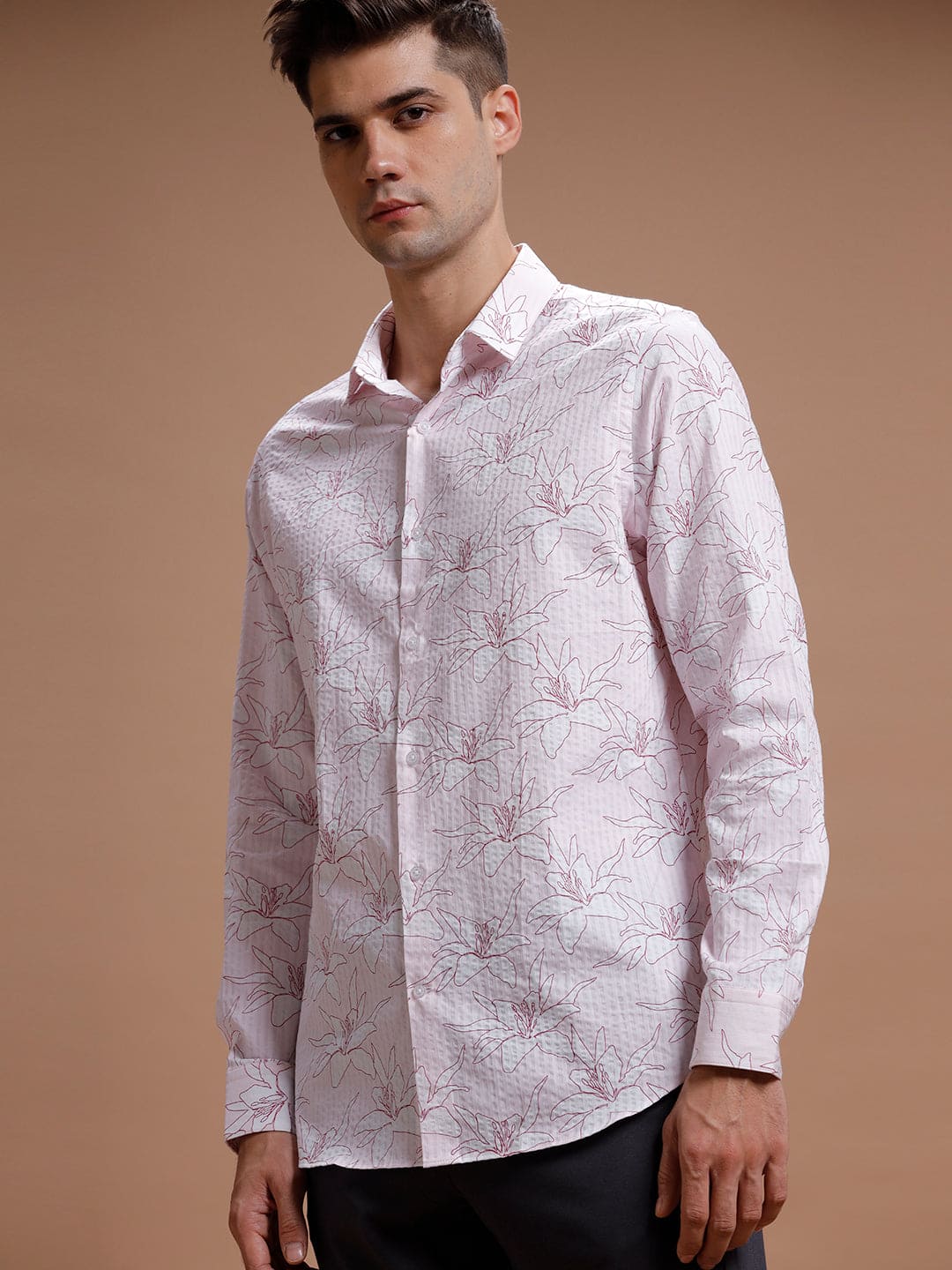 Seer Pink Hibiscus Print Pure Cotton Shirt