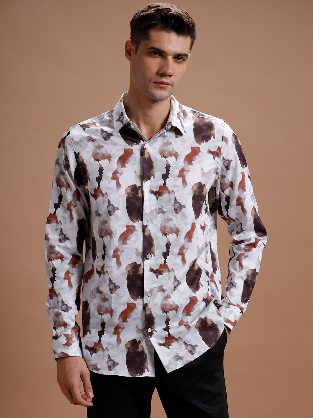 Brown White Cloud Print Pure Cotton Shirt