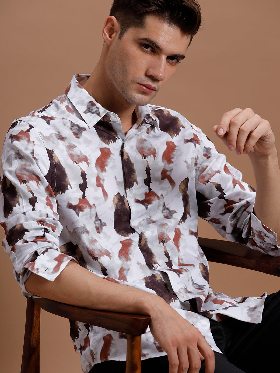 Brown White Cloud Print Pure Cotton Shirt