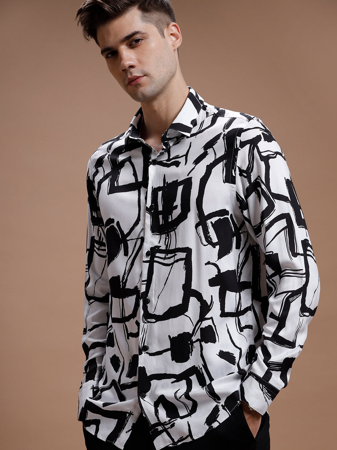 White::Black Print Rayon Shirt