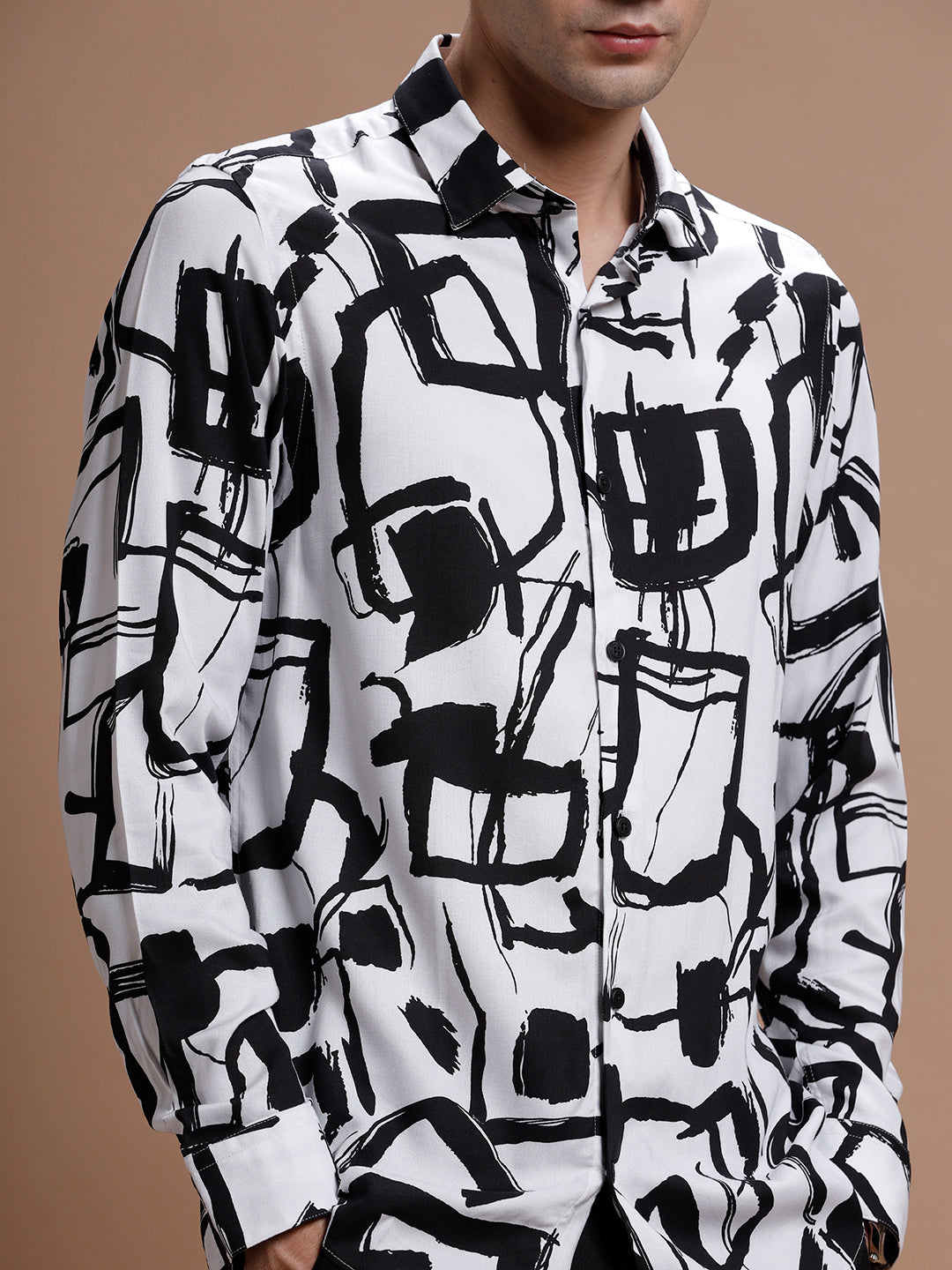 White::Black Print Rayon Shirt