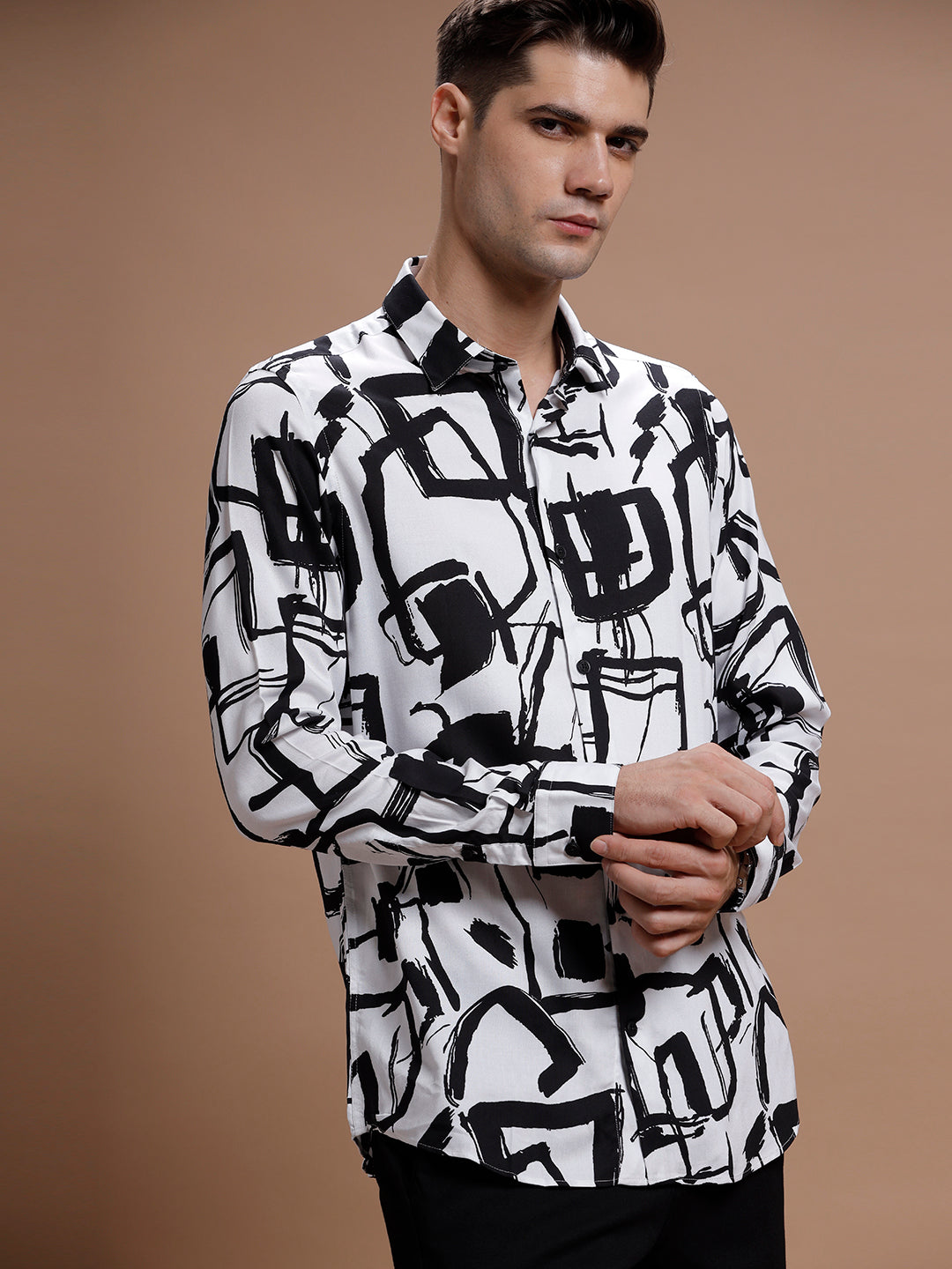 White::Black Print Rayon Shirt