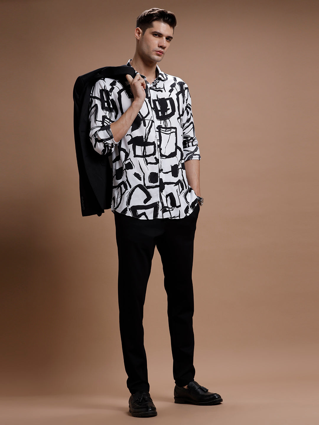 White::Black Print Rayon Shirt