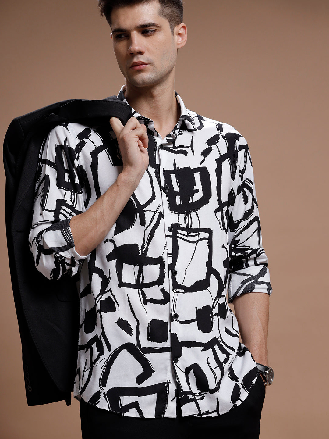 White::Black Print Rayon Shirt