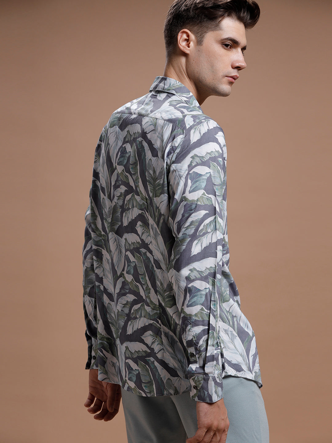 Grey Leaf Print Rayon Shirt