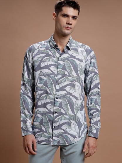 Grey Leaf Print Rayon Shirt