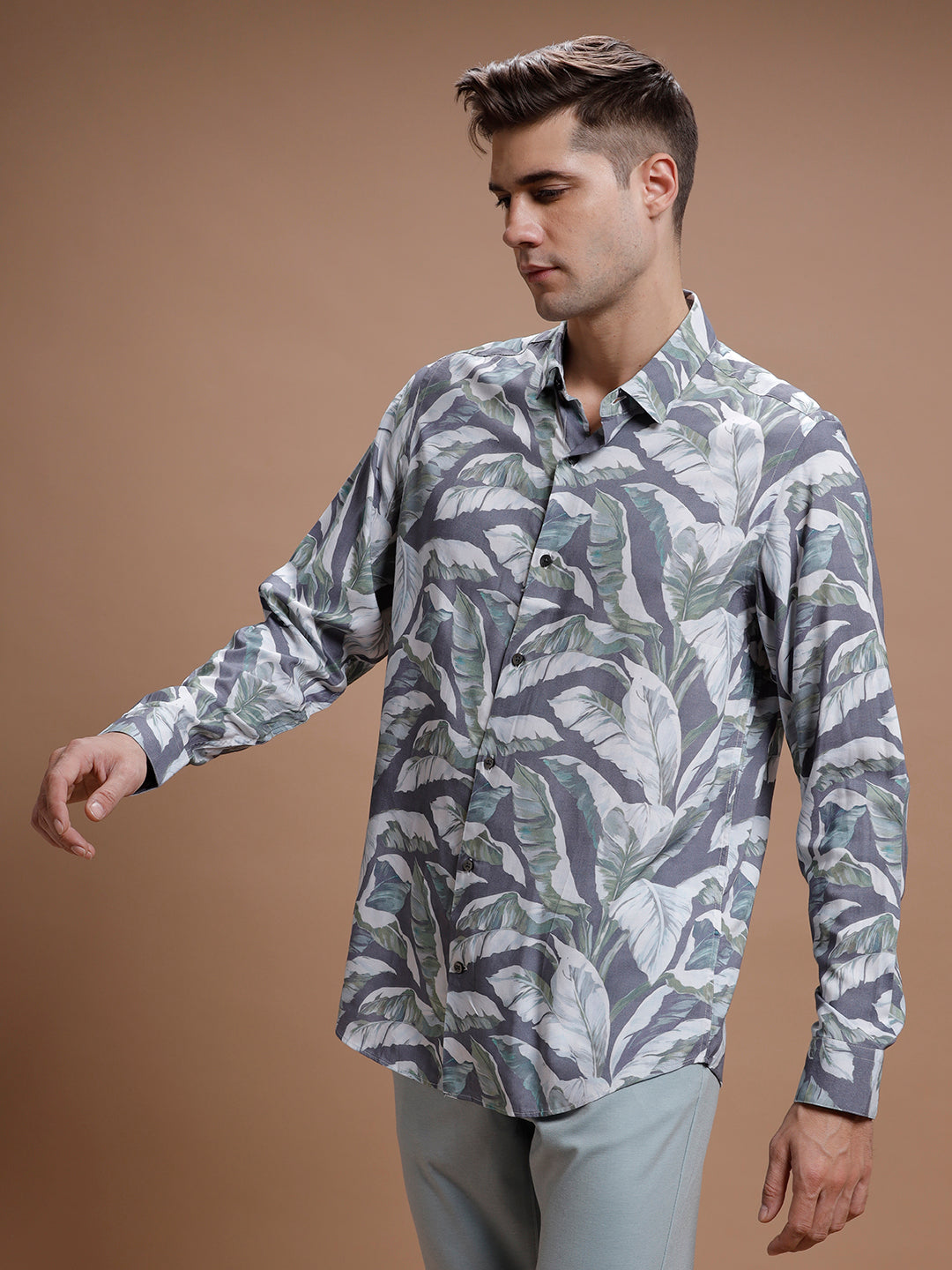 Grey Leaf Print Rayon Shirt