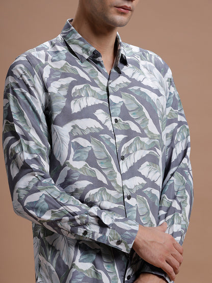 Grey Leaf Print Rayon Shirt