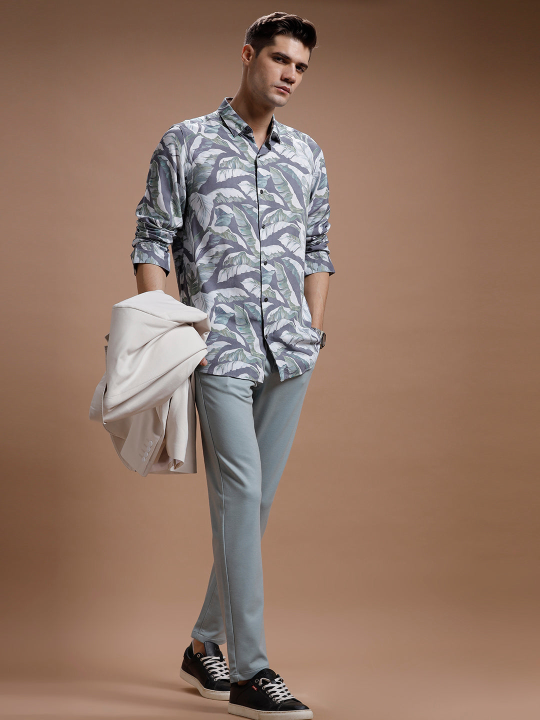 Grey Leaf Print Rayon Shirt