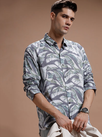 Grey Leaf Print Rayon Shirt