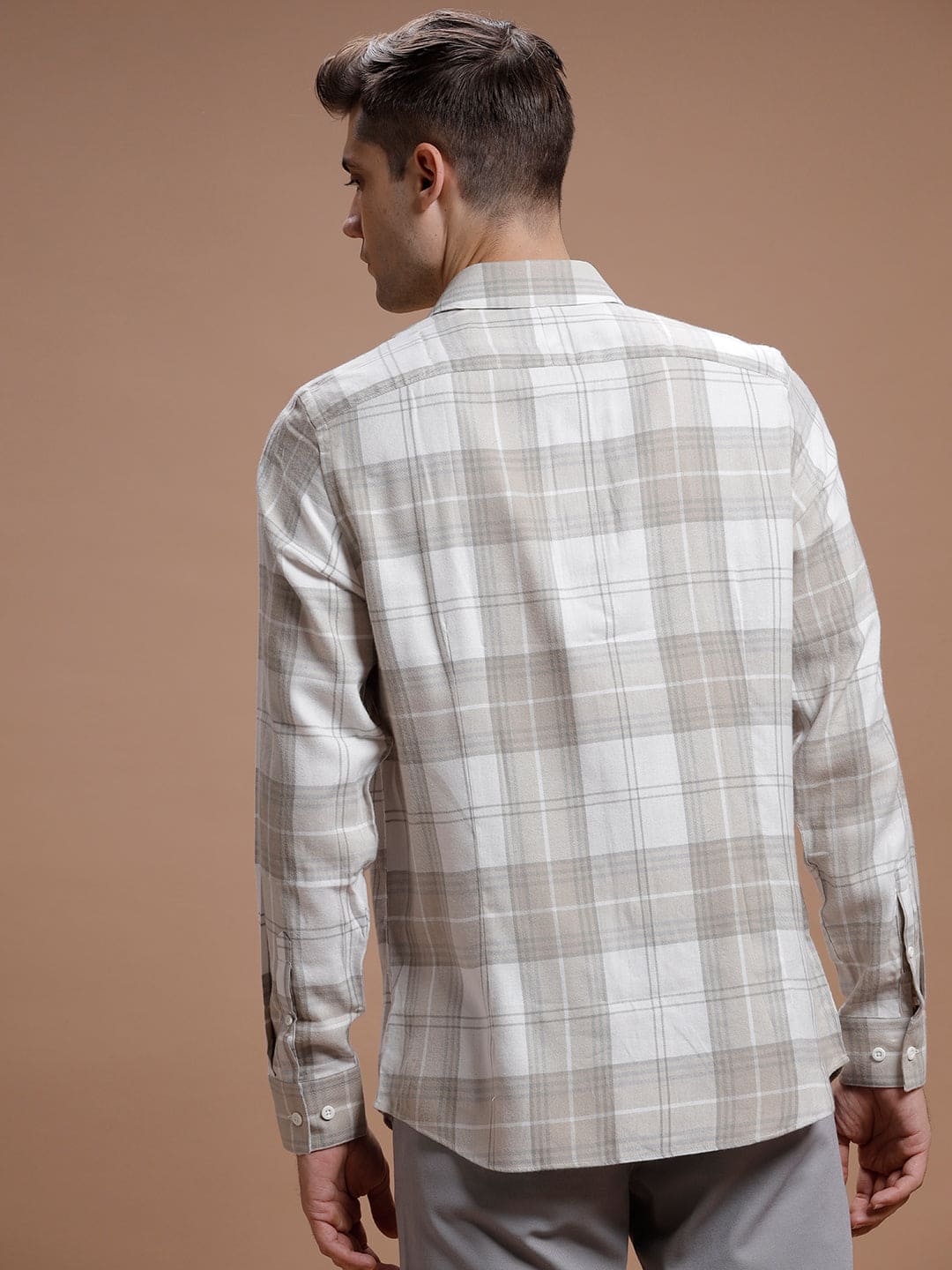 Beige::White Checks Cotton Silk Shirt