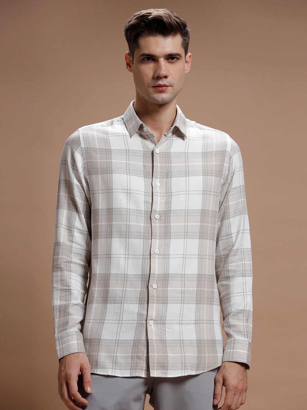 Beige::White Checks Cotton Silk Shirt