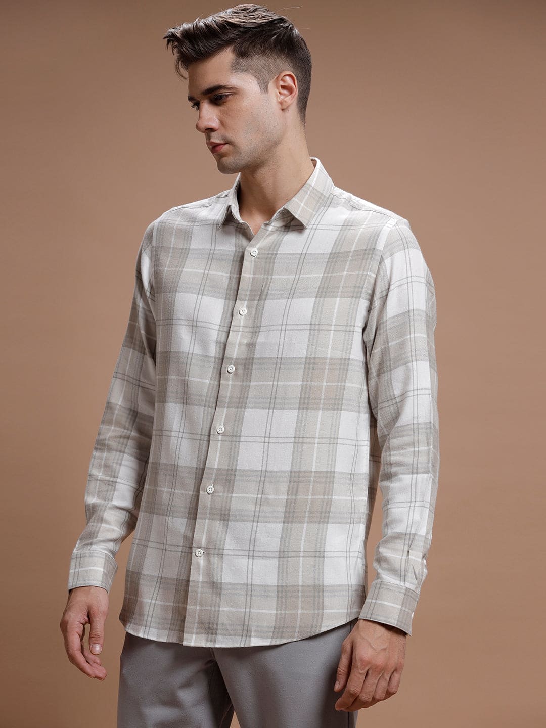 Beige::White Checks Cotton Silk Shirt