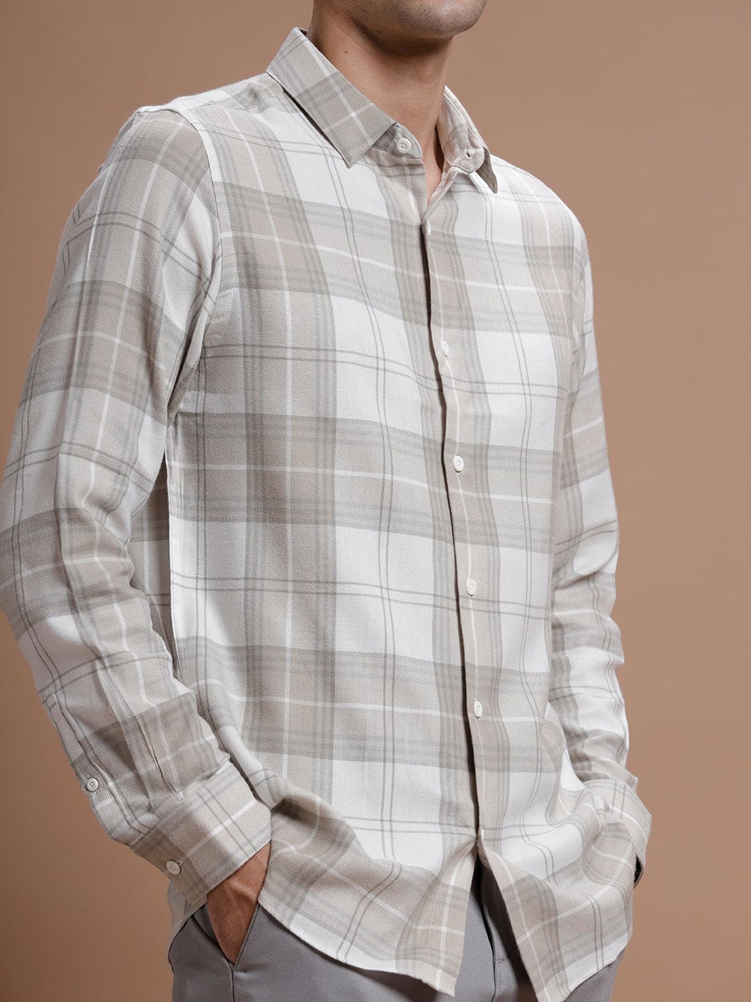 Beige::White Checks Cotton Silk Shirt