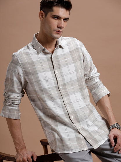 Beige::White Checks Cotton Silk Shirt