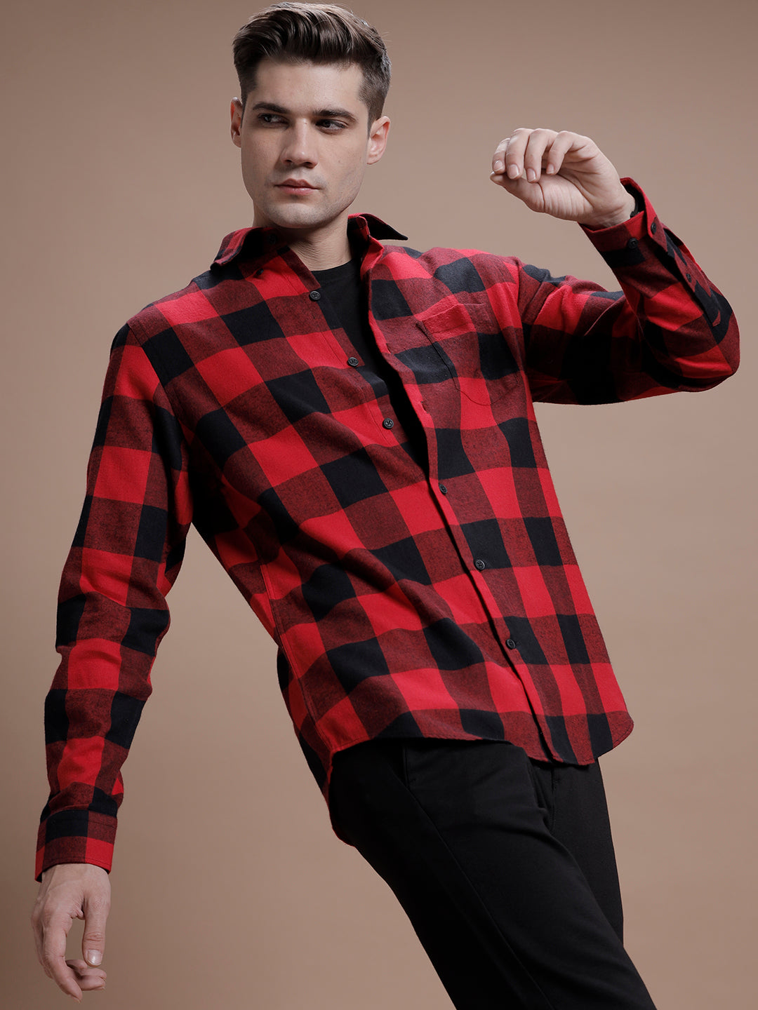 Red:: Black Checks Pure Cotton Shirt