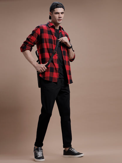 Red:: Black Checks Pure Cotton Shirt