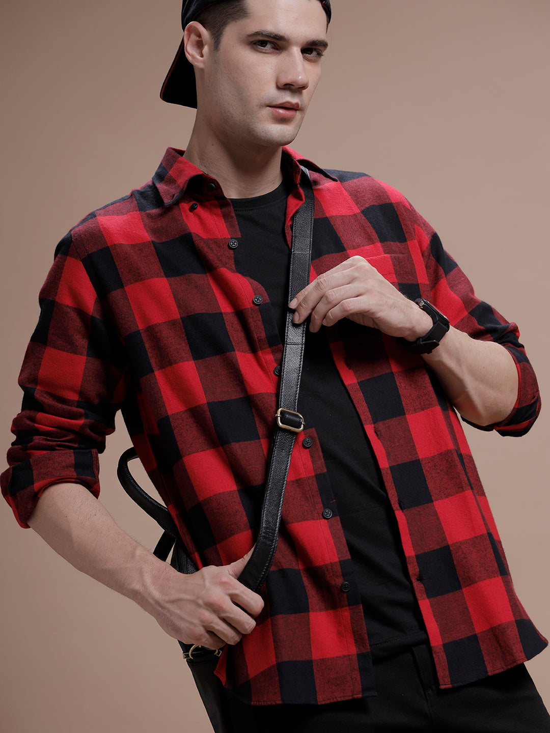 Red:: Black Checks Pure Cotton Shirt