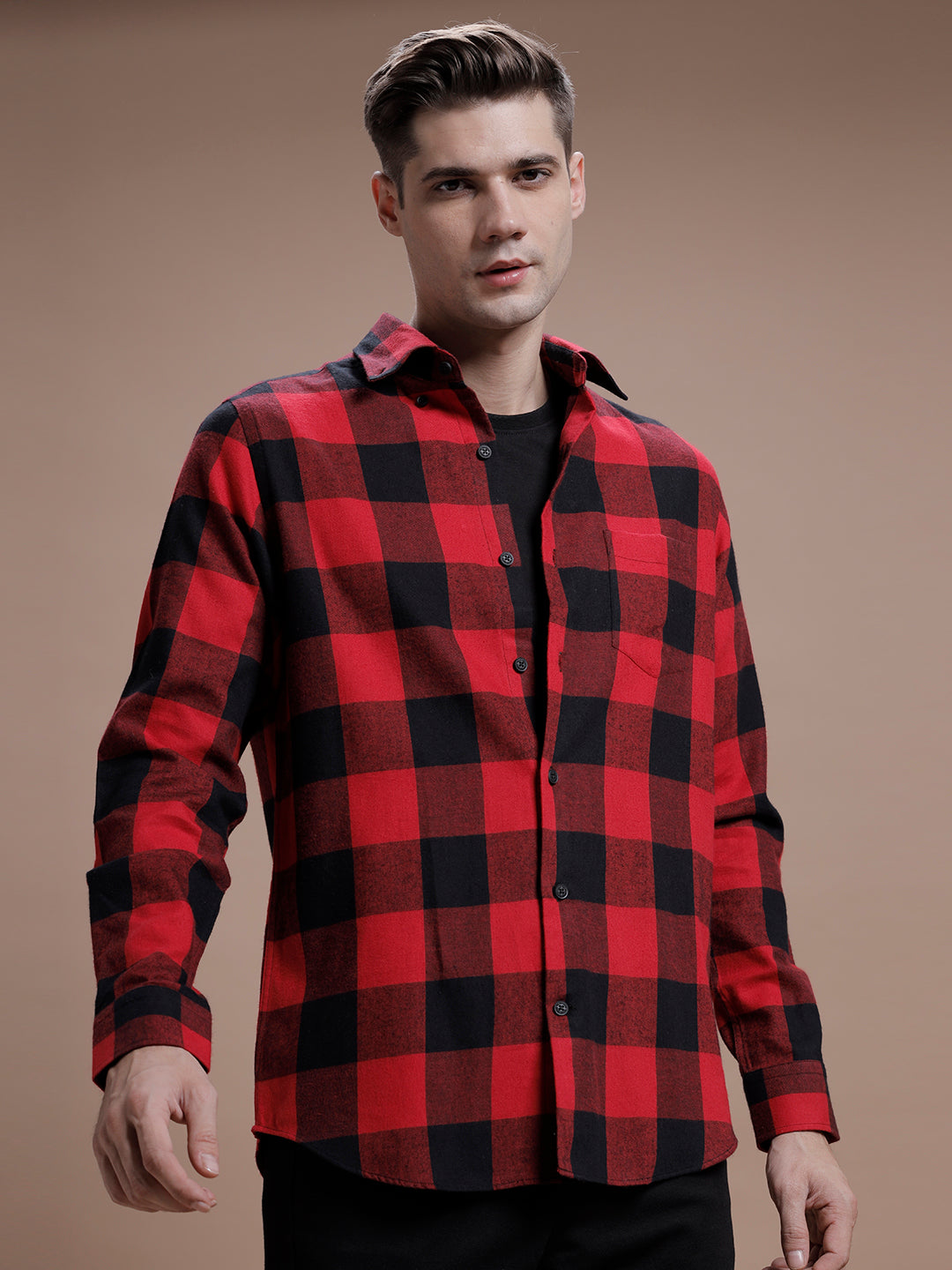 Red:: Black Checks Pure Cotton Shirt