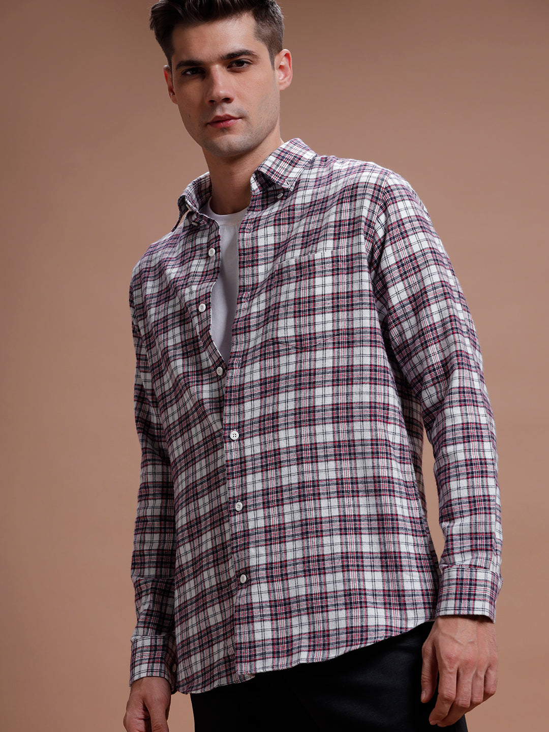 Navy:: Red Multi Checks Pure Cotton Shirt