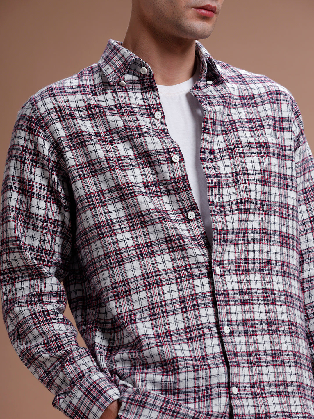 Navy:: Red Multi Checks Pure Cotton Shirt