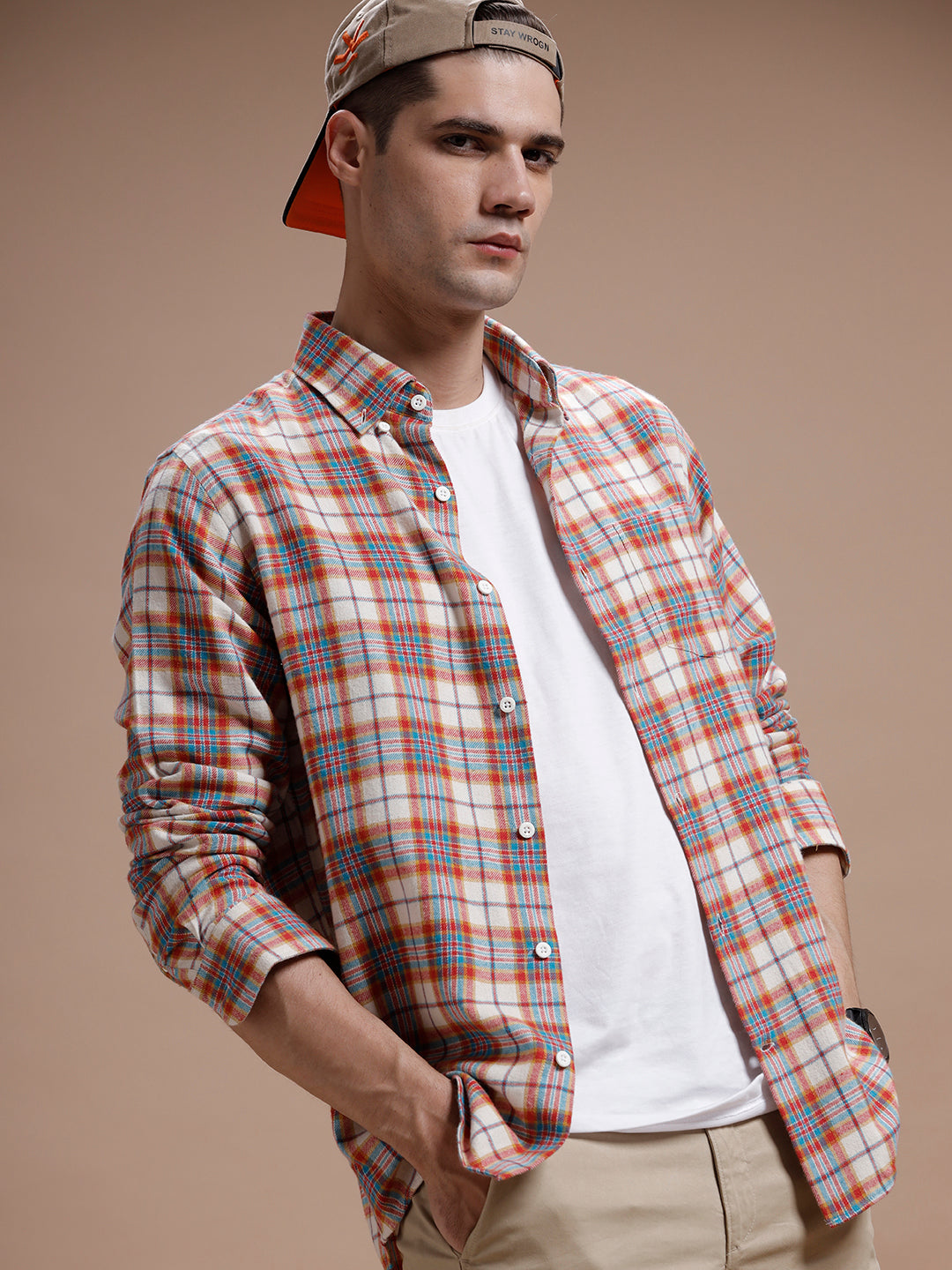 Red::Off White Multi Checks Pure Cotton Shirt