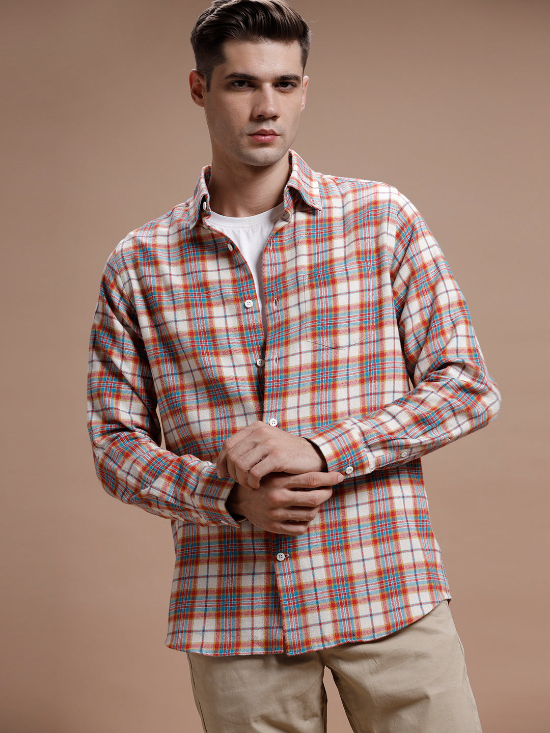 Red::Off White Multi Checks Pure Cotton Shirt