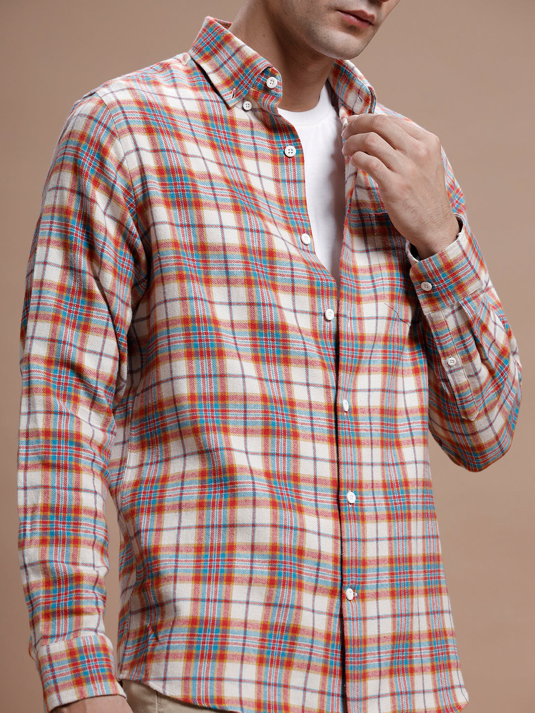 Red::Off White Multi Checks Pure Cotton Shirt