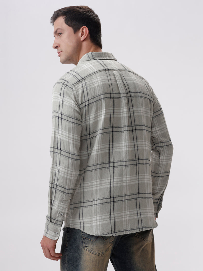 Men's Light Grey Cotton Full Sleeves Regular Collar Checked Shirt